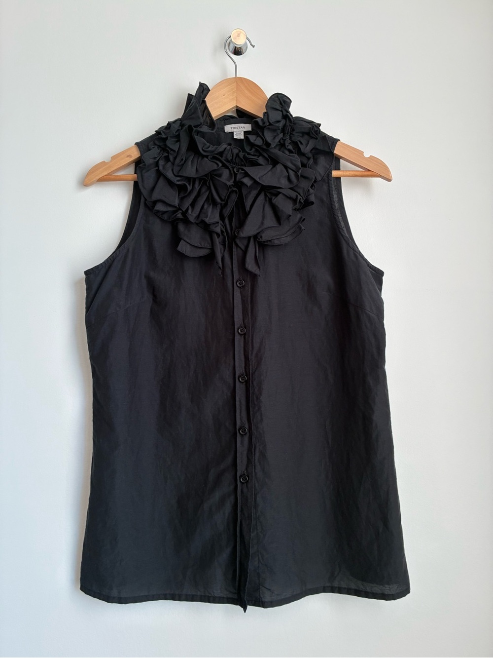 Tristan Cotton Silk Black Sleeveless Ruffle Neck Button Blouse M